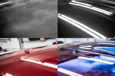 Capó de coche antes opaco y con marcas, después brillante con reflejos nítidos tras el detailing