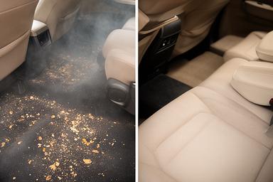 Interior de vehículo familiar muy usado con migas y polvo antes, y completamente limpio y ordenado después