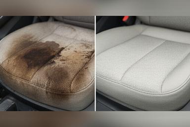 Asiento de coche antes y después de la limpieza: a la izquierda con manchas oscuras de café, a la derecha impecable como nuevo